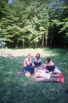 Three young adults relax outdoors on a collection of stacked logs, amidst a dense, verdant forest setting. A shirtless man sm...