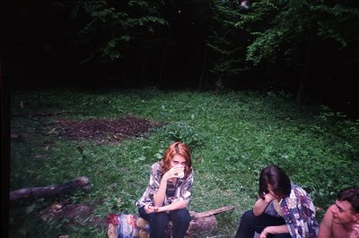 A group of three young adults relaxes outdoors amidst dense foliage. A woman with red hair sits on a log, holding a cup. Two ...