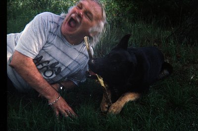 A man with long hair and a bearded face playfully interacts with a German Shepherd dog, both lying on thick, green grass. The...