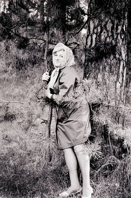 A woman stands outdoors, leaning against a pine tree in a short, belted raincoat and patterned stockings. She wears a headsca...