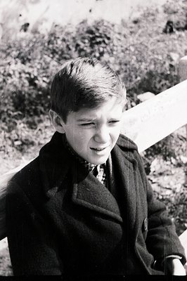 A young boy, dressed in a dark wool coat and patterned shirt, appears contemplative. He’s seated, with a blurred, natural bac...