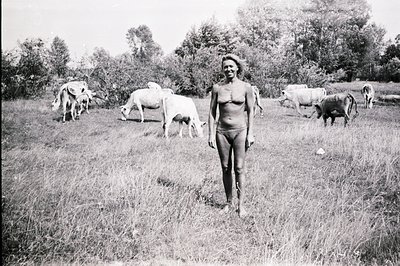 A full-length portrait captures a nude woman standing in tall grass, surrounded by a herd of cattle. The scene is a rural pas...