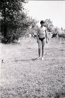 A young, bare-chested boy stands in a grassy field, holding a shepherd’s staff. A herd of cattle grazes in the background; th...