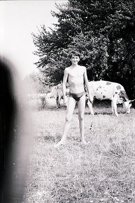 A young boy, shirtless and wearing swimming trunks, stands in a field of tall grass alongside several grazing cows. Dense fol...