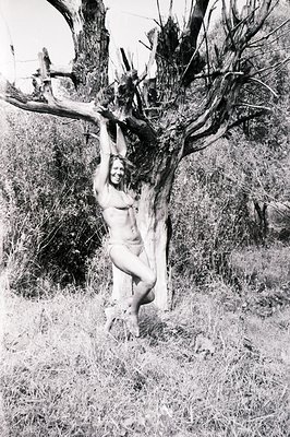 A nude woman playfully hangs from a gnarled tree branch in a grassy, overgrown field. Strong contrast highlights the body and...