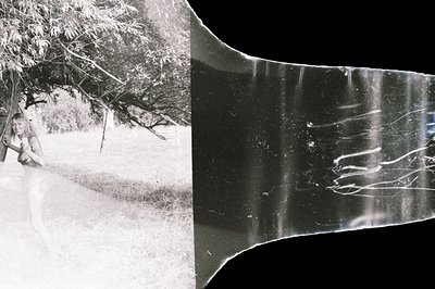 A young woman in a swimsuit poses playfully beneath a large tree on a grassy lawn. The image has a vintage aesthetic, with vi...