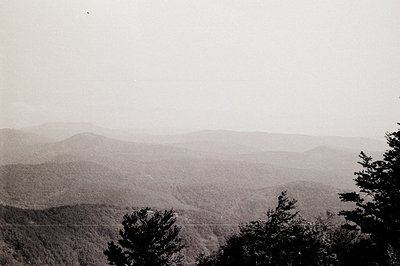 Sweeping view of layered mountain ranges fading into atmospheric haze. Coniferous trees frame the foreground. Likely a scenic...