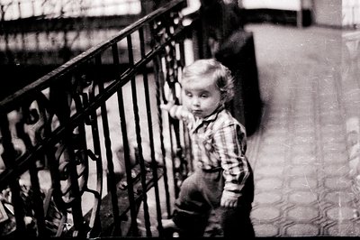 A young child, dressed in a plaid shirt, is seen near a wrought-iron railing and stone steps. The image exhibits significant ...