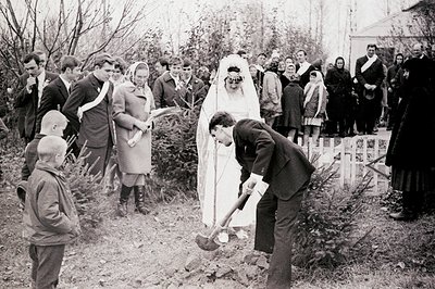 A newlywed couple performs a groundbreaking ceremony, likely planting a tree. The groom uses a shovel while the bride watches...