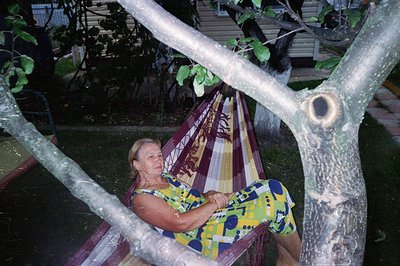 A woman relaxes in a striped hammock suspended between tree branches. She wears a patterned summer dress. The scene features ...