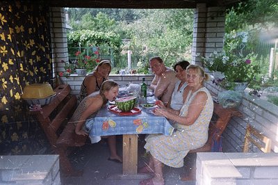 A multigenerational family gathers around a table laden with food on a shaded patio. The setting appears to be a garden or co...