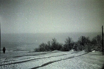 A solitary figure walks along a snow-covered road, likely rural. Sparse, bare trees line the roadside. The image has a grainy...