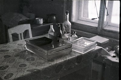 Arrangement of glass bottles, laboratory glassware, and framed objects on a patterned tablecloth, near a window with visible ...