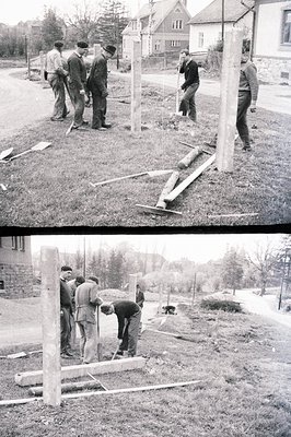 Monochrome image depicts a construction crew installing wooden posts along a roadside. Several men, dressed in workwear, are ...