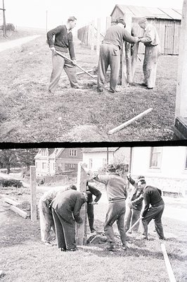 Six men appear to be constructing a fence, using a level and measuring tools. The scene, likely a rural area, includes a mode...