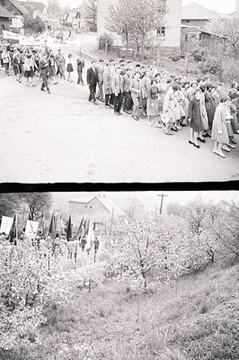 A long line of formally-dressed people, likely a parade or procession, occupies a paved road. Lush greenery and residential b...