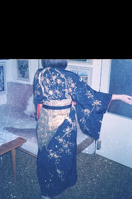A full-length view of a person in a vibrantly patterned, dark blue and gold kimono stands near a window. The interior feature...