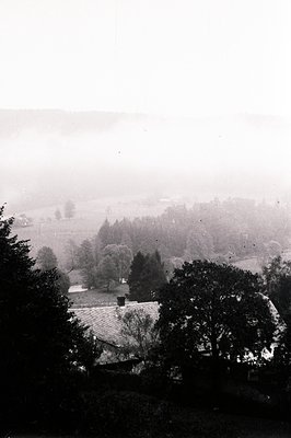 Overcast view of a rural landscape shrouded in thick fog. A farmhouse with a tiled roof and surrounding trees are visible, di...