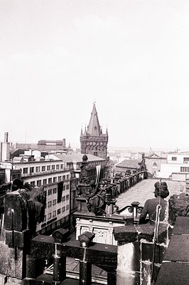 Architectural photograph captures a cityscape dominated by a spire, likely a church or cathedral, viewed from a rooftop terra...