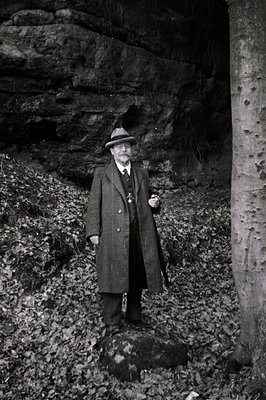 Man in a tweed overcoat and hat stands on a rocky outcrop amidst a forest setting. The backdrop reveals a rock face and exten...