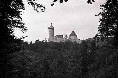 An imposing medieval castle complex sits atop a densely forested hill. The architecture features a prominent tower, multiple ...