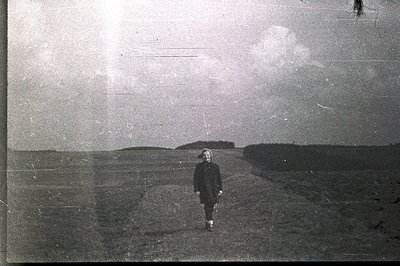 A solitary figure walks down a long, gravel road bisecting a wide, grassy field. Sparse trees line the distant horizon under ...