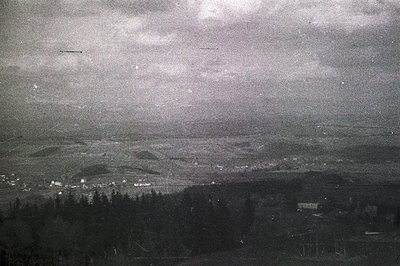 <start_of_image> A wide, slightly elevated view showcases a valley landscape. Dense evergreen forest covers the foreground, t...