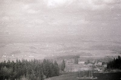 A hillside landscape, densely forested in the foreground. Sparse buildings are visible across a valley, suggesting a rural or...