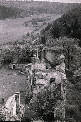 Overgrown ruins of a medieval stone castle perch atop a steep, wooded hill overlooking a valley. Crumbling walls and towers r...