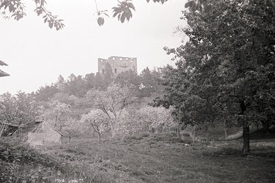 Overlooking a grassy field and dilapidated stone structure, a medieval castle ruins perch atop a wooded hillside. Appears to ...