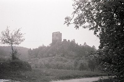 Monochrome view of a ruined medieval tower atop a grassy hill, framed by trees and foliage. Visible architecture suggests a f...