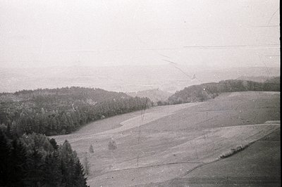 Sweeping panoramic view of rolling hills and dense evergreen forest, likely farmland or pastureland, under a heavily overcast...