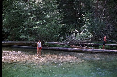 A young woman in a white tank top and red shorts stands knee-deep in clear, shallow water near a fallen log. A shirtless man ...