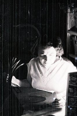 A young woman reads a book indoors, seated near a palm plant and bookshelf. She wears a ribbed sweater and appears contemplat...