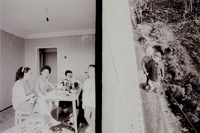 A split-format photograph. Left: Four people seated around a table in a room with patterned wallpaper. Appears to be a casual...