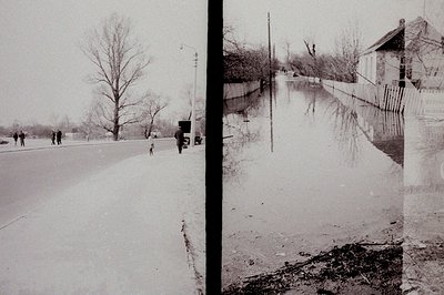 A desolate winter scene: a flooded street reflects bare trees and distant figures. A weathered, wooden fence marks a property...