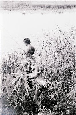 A nude male figure stands knee-deep in shallow water, partially obscured by dense foliage. He holds a large palm frond, seemi...