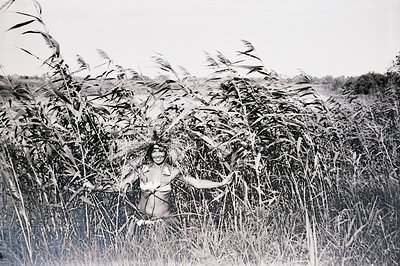 A youthful woman, partially nude, is playfully obscured by tall reeds within a grassy landscape. Arms outstretched, she appea...