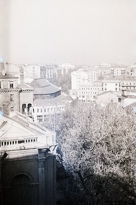 A high-angle, monochromatic view shows rooftops and a cityscape obscured by a hazy atmosphere. Ornate stonework adorns the fo...