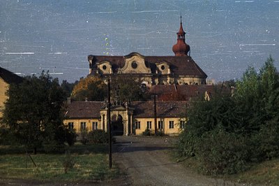 Overgrown, multi-story building features a complex roofline, decorative facade, and central dome. Appears to be a former esta...