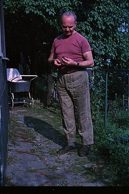 A man in a maroon shirt and work pants stands in a overgrown garden, carefully inspecting what appears to be soil or seeds. A...