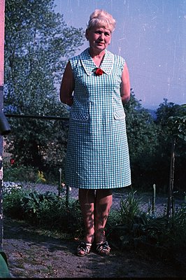 Woman in a 1960s-era green gingham dress and sandals stands outdoors, likely in a garden setting. She has a neatly styled blo...