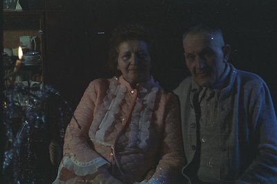 A portrait of an elderly couple seated close together. The woman wears a quilted pink jacket with lace trim. The man has a pa...