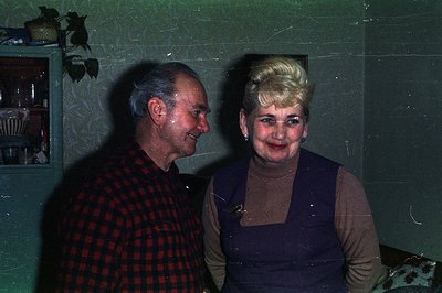 A smiling couple poses close together; the man wears a red and black plaid shirt, the woman a purple dress with a wide neckli...