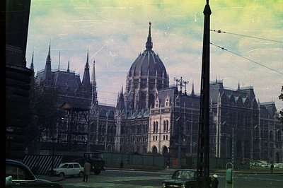 Stunning color photograph shows the Hungarian Parliament Building in Budapest, circa 1970s. Features grand Neo-Gothic archite...
