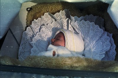 A baby sleeps peacefully, swaddled in a white, intricately patterned lace garment. The scene is framed within a textured, lig...
