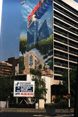 Modern office building with glass facade and prominent signage "SEFI" dominates. Palm trees flank the structure, suggesting a...