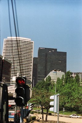 Striking view of La Défense business district, Paris. Dominating high-rise buildings – Franklin and CB21 – showcase modernist...