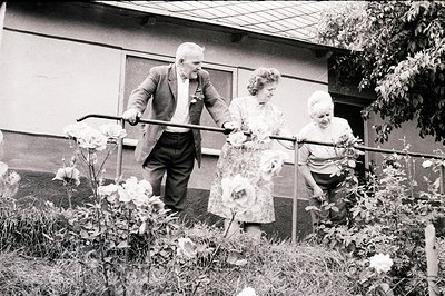 Three adults, two men and one woman, navigate a sloped garden via a simple metal railing. The men are assisting the woman. Fl...