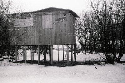 Elevated, weathered wooden structure on stilts, likely a former storage shed or outbuilding. Visible signage "30" on gable. S...